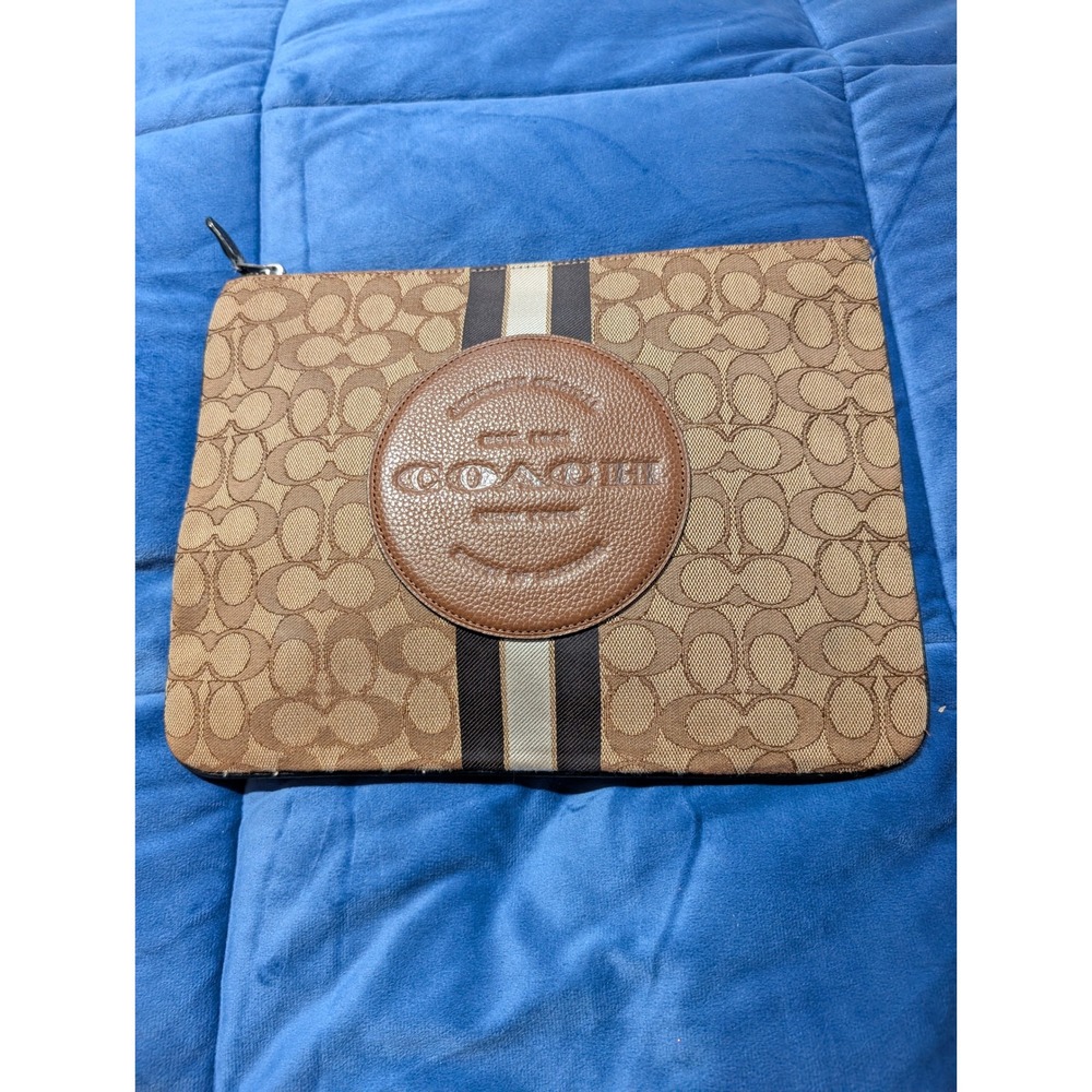 Coach Signature Monogram Stripe Pouch Brown Black Beige